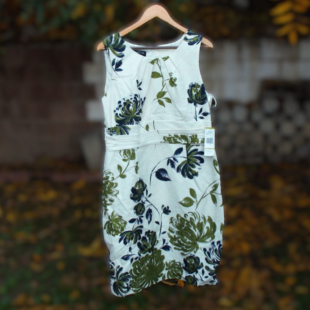 Jones New York Ivory Sheath Dress with Green and Navy Floral Print 14